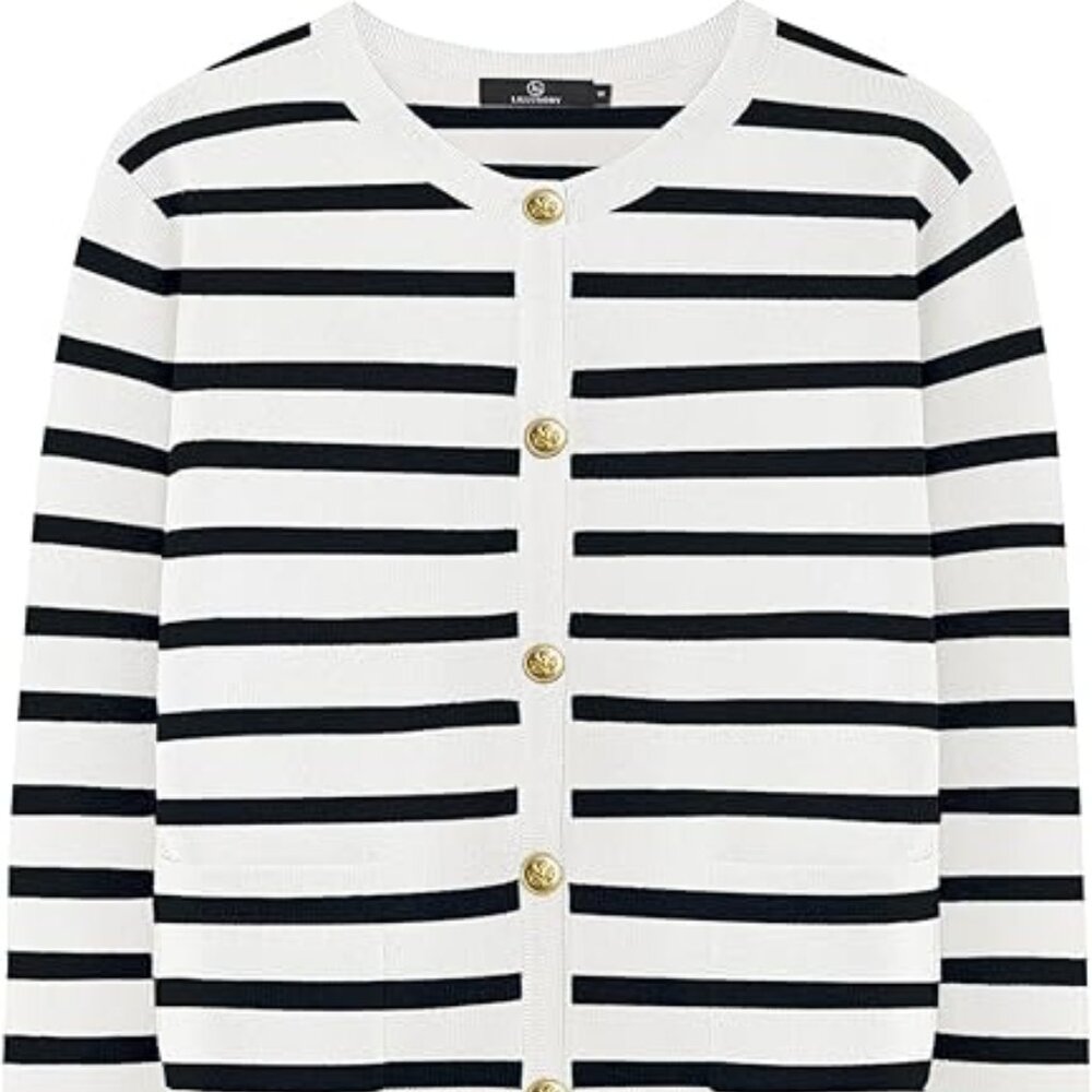 Women's Striped Trendy Casual Long Sleeve Striped Cardigan Sweater Sz Large